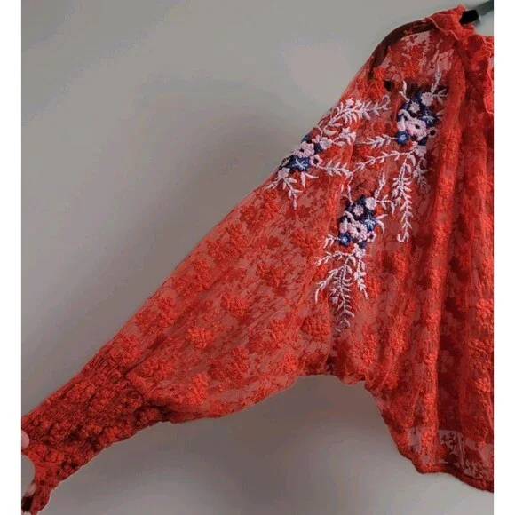 Free People Jubilee Embroidered Lace Boho Sheer Blouse Top Red Sz Small OB754354 - Picture 8 of 15